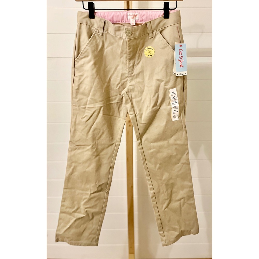 Cat Jack Girls Khaki Straight Leg School Uniform Pants Reinforced Knee Size 14
